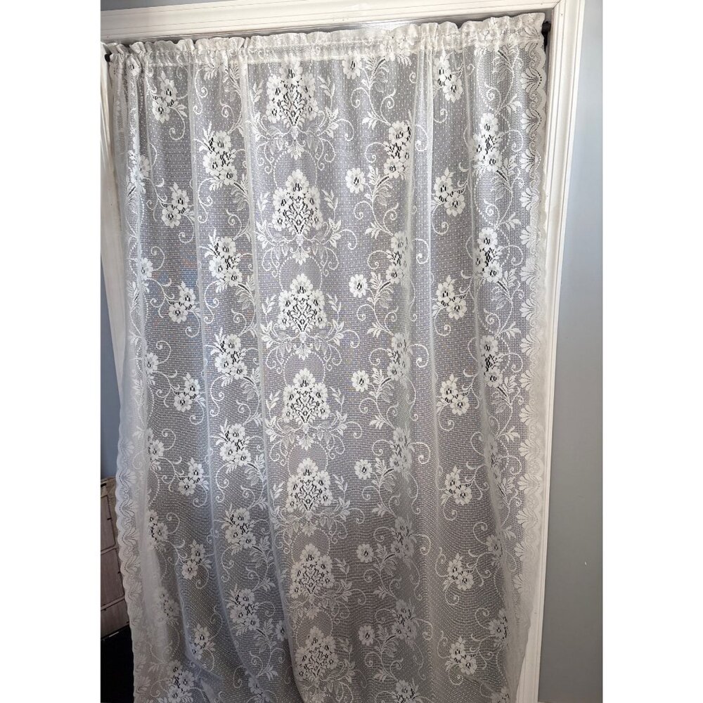 Floral Lace Curtain Panel 56"W x 86"L Elegant Sheer Cream Scalloped Edge Window